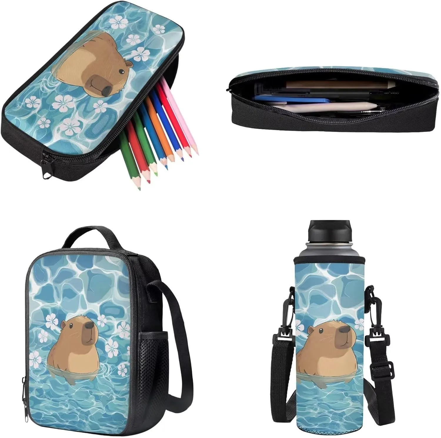 Poceacles 4 Pieces School Backpack Set with Stylish Rucksack, Insulated Lunch Box Bag, Pencil Case, Water Bottle Sleeve for Primary Secondary Students, Capybara Blue Pond Flower