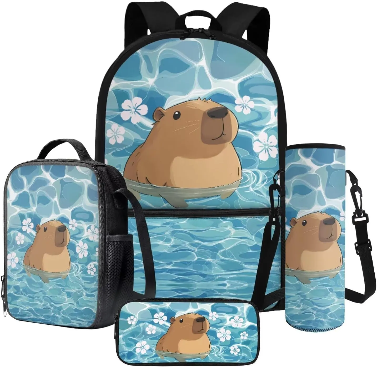 Poceacles 4 Pieces School Backpack Set with Stylish Rucksack, Insulated Lunch Box Bag, Pencil Case, Water Bottle Sleeve for Primary Secondary Students, Capybara Blue Pond Flower