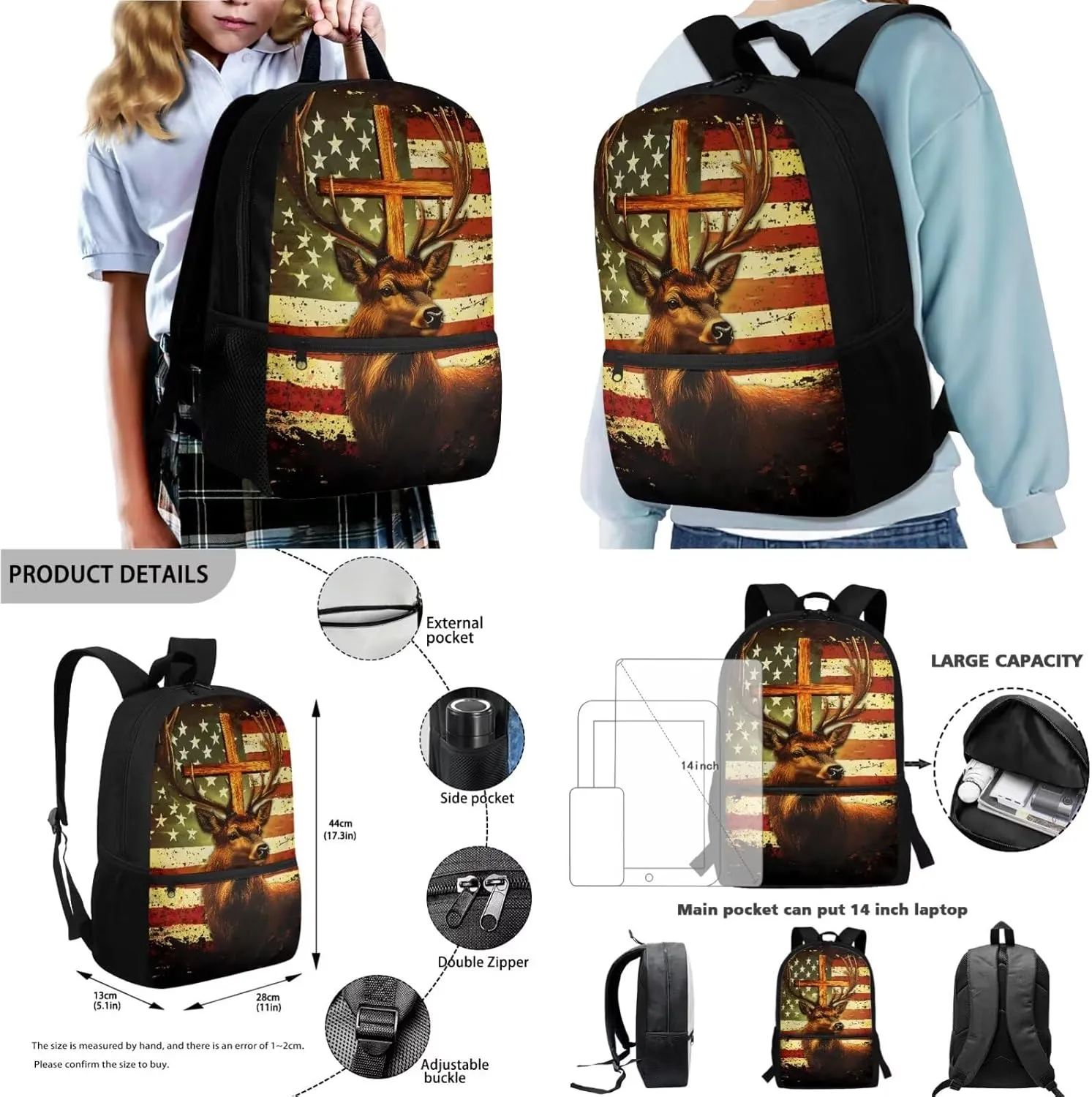 Poceacles Backpack Set 4-Piece School Backpack Set Primary Secondary School Rucksack with Lunch Bag Pencil Case Water Bottle Carrier for Kids Boys Girls, American Flag Deer Cross