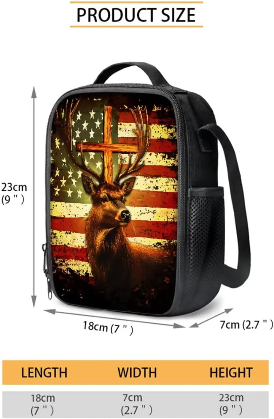 Poceacles Backpack Set 4-Piece School Backpack Set Primary Secondary School Rucksack with Lunch Bag Pencil Case Water Bottle Carrier for Kids Boys Girls, American Flag Deer Cross