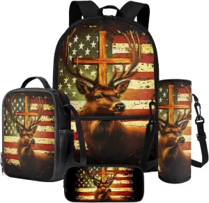 Poceacles Backpack Set 4-Piece School Backpack Set Primary Secondary School Rucksack with Lunch Bag Pencil Case Water Bottle Carrier for Kids Boys Girls, American Flag Deer Cross