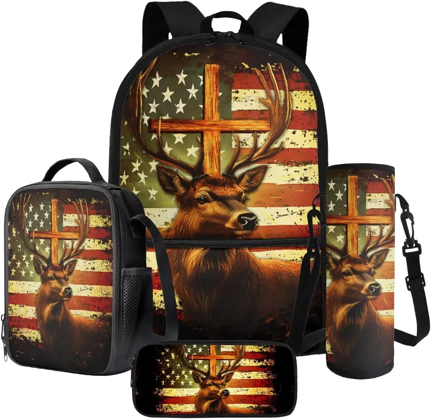 Poceacles Backpack Set 4-Piece School Backpack Set Primary Secondary School Rucksack with Lunch Bag Pencil Case Water Bottle Carrier for Kids Boys Girls, American Flag Deer Cross