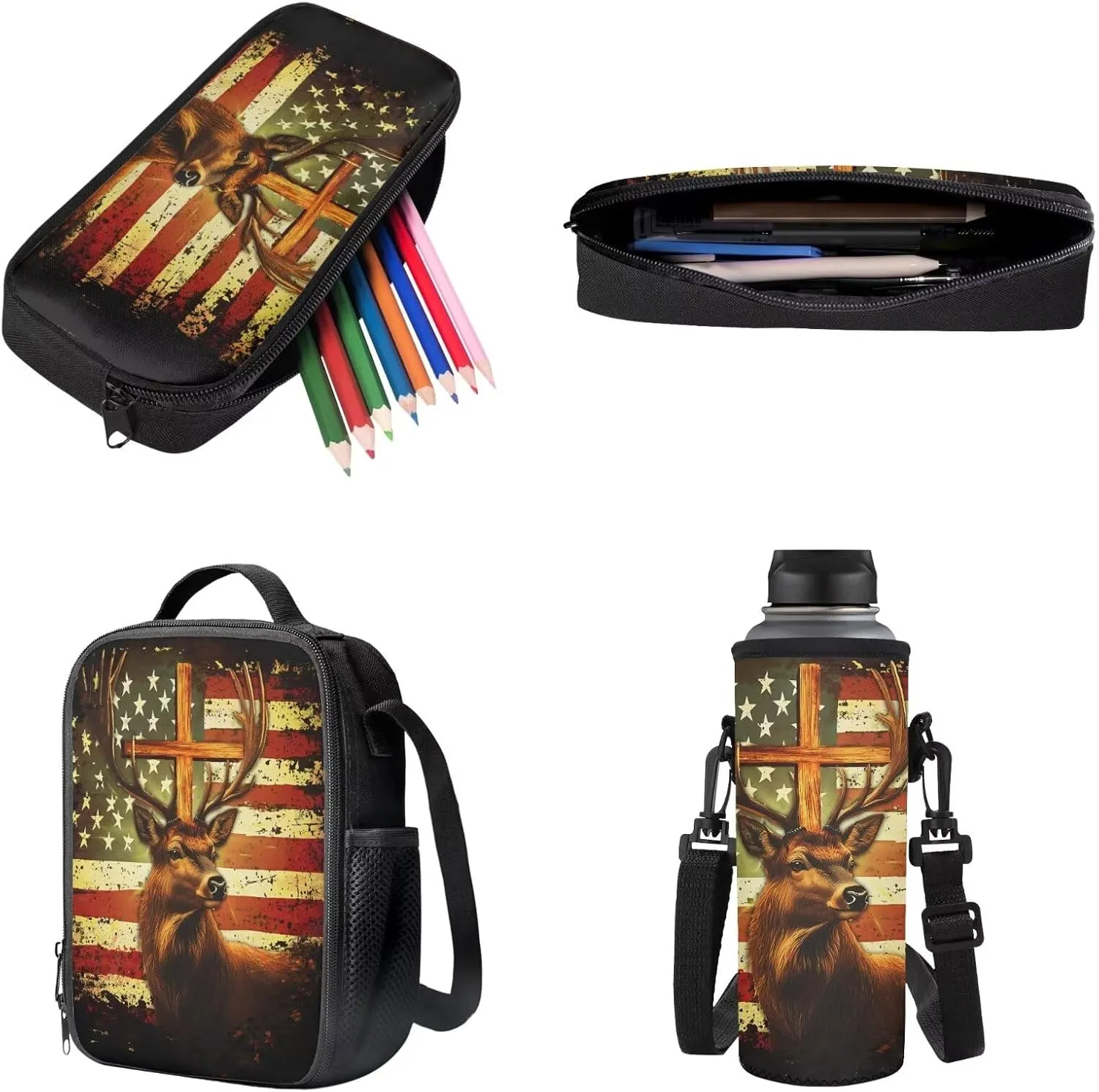 Poceacles Backpack Set 4-Piece School Backpack Set Primary Secondary School Rucksack with Lunch Bag Pencil Case Water Bottle Carrier for Kids Boys Girls, American Flag Deer Cross