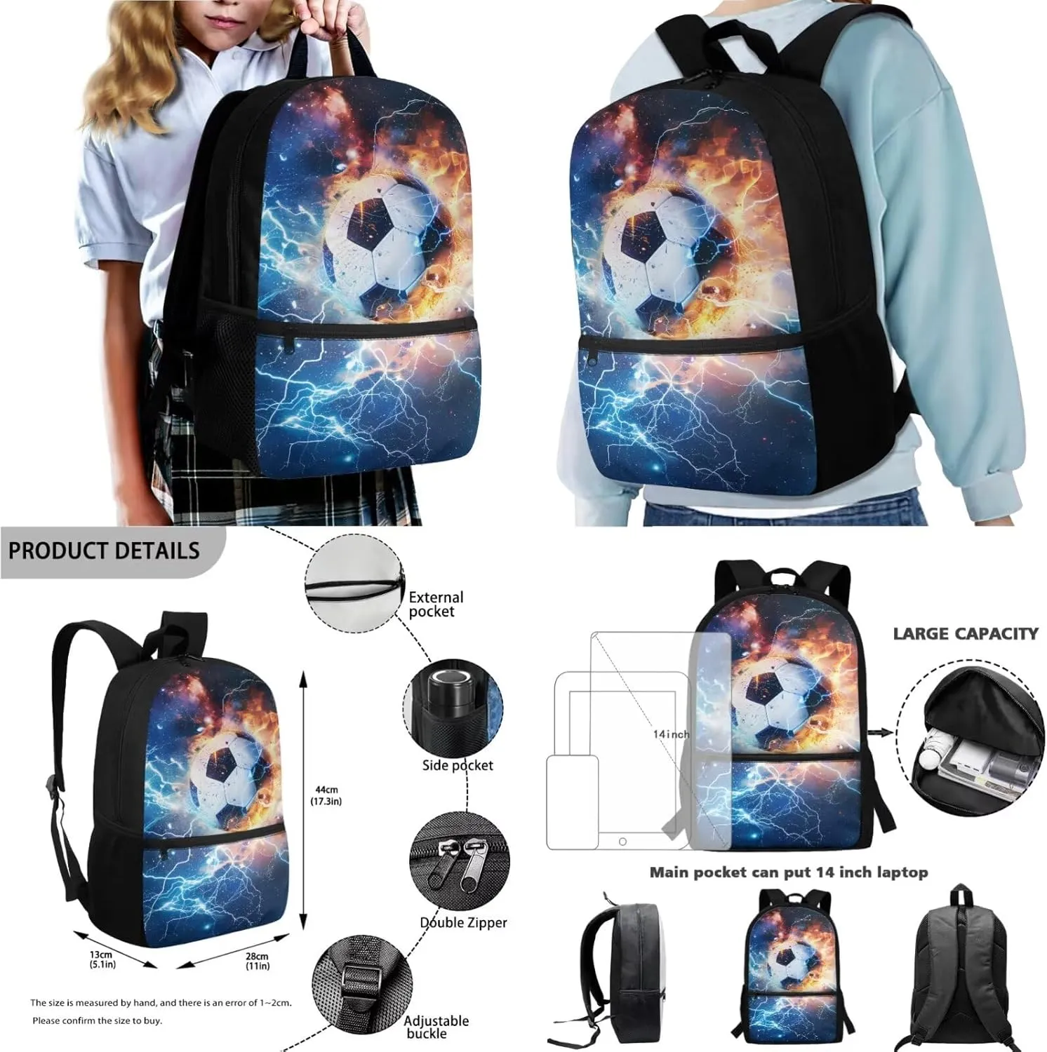 Poceacles Boys Backpack Set 4 Piece Set with School Bag Lunch Bag Pencil Case Water Bottle Holder Pouch Teens Rucksack for Primary Secondary School, Soccer Football Lightning Flame Galaxy