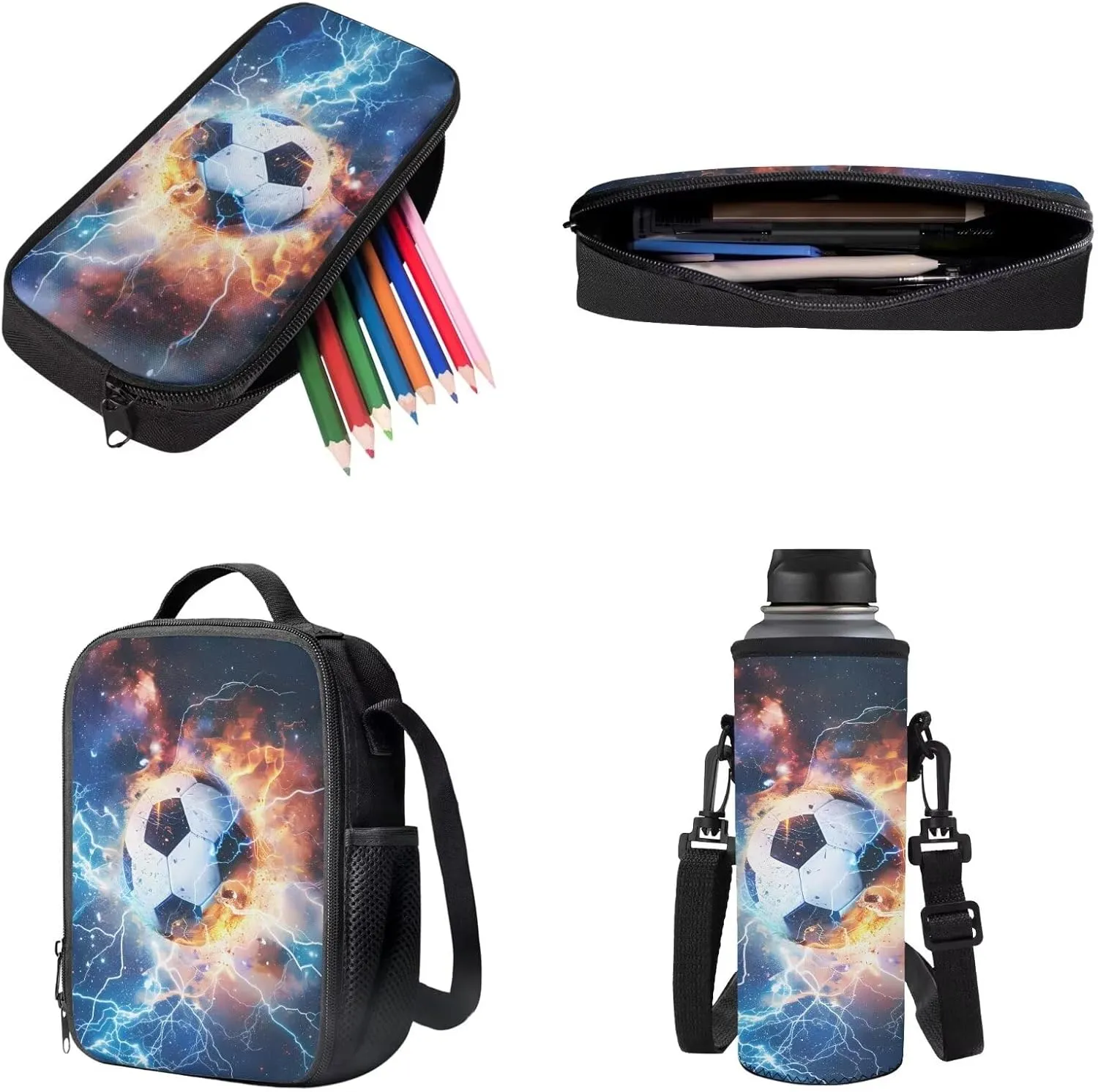 Poceacles Boys Backpack Set 4 Piece Set with School Bag Lunch Bag Pencil Case Water Bottle Holder Pouch Teens Rucksack for Primary Secondary School, Soccer Football Lightning Flame Galaxy
