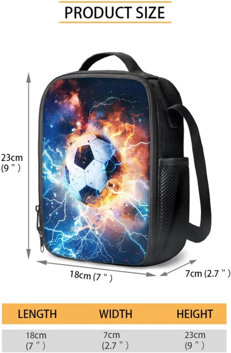 Poceacles Boys Backpack Set 4 Piece Set with School Bag Lunch Bag Pencil Case Water Bottle Holder Pouch Teens Rucksack for Primary Secondary School, Soccer Football Lightning Flame Galaxy