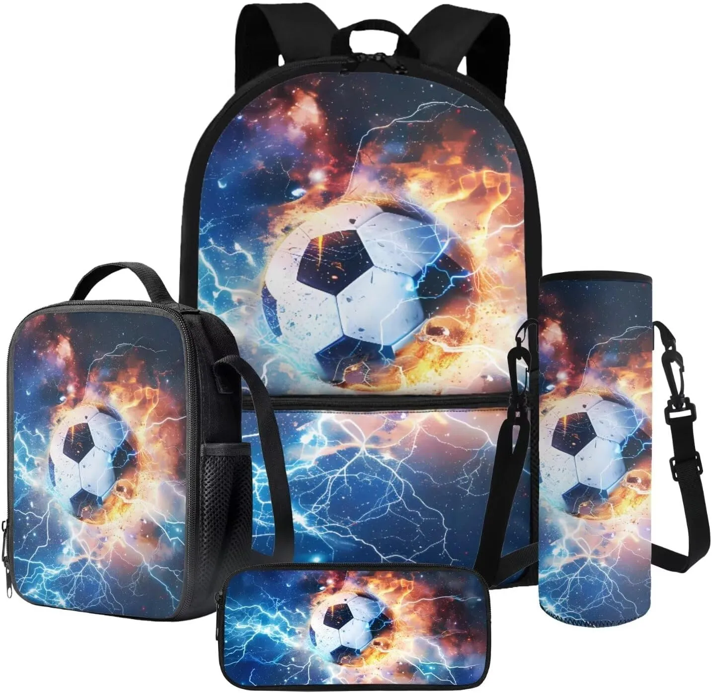 Poceacles Boys Backpack Set 4 Piece Set with School Bag Lunch Bag Pencil Case Water Bottle Holder Pouch Teens Rucksack for Primary Secondary School, Soccer Football Lightning Flame Galaxy