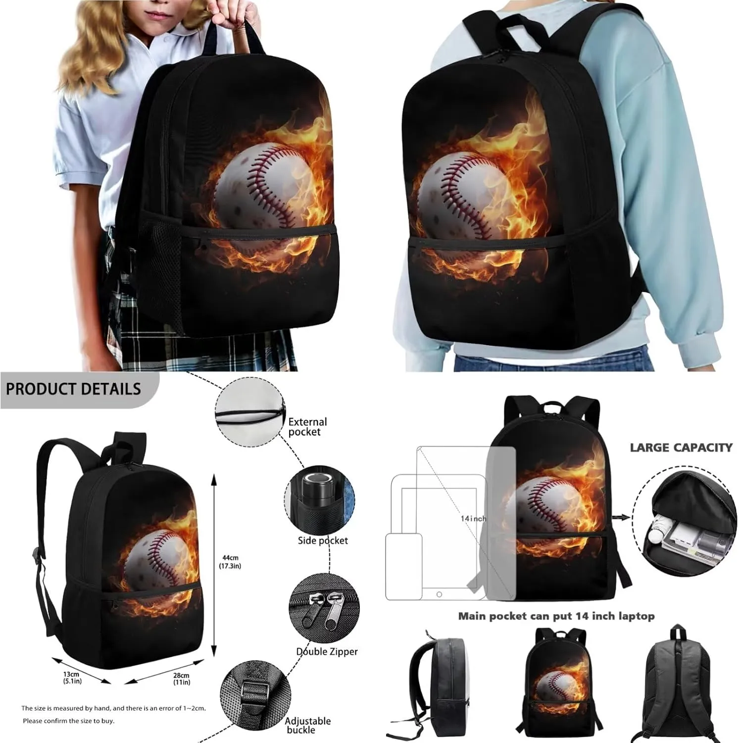 Poceacles Boys Backpack Set 4 Piece Set with School Bag Lunch Bag Pencil Case Water Bottle Holder Pouch with Adjustable Straps, Rucksack for Primary Secondary School, Baseball Fire Black