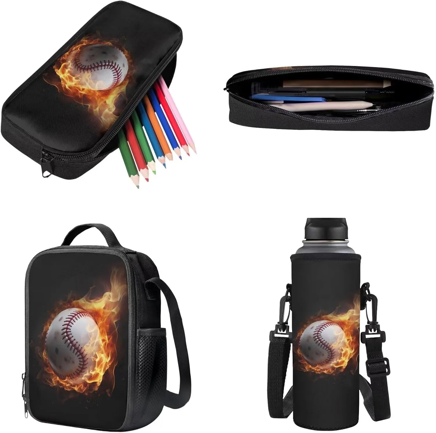 Poceacles Boys Backpack Set 4 Piece Set with School Bag Lunch Bag Pencil Case Water Bottle Holder Pouch with Adjustable Straps, Rucksack for Primary Secondary School, Baseball Fire Black