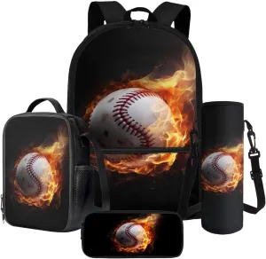 Poceacles Boys Backpack Set 4 Piece Set with School Bag Lunch Bag Pencil Case Water Bottle Holder Pouch with Adjustable Straps, Rucksack for Primary Secondary School, Baseball Fire Black