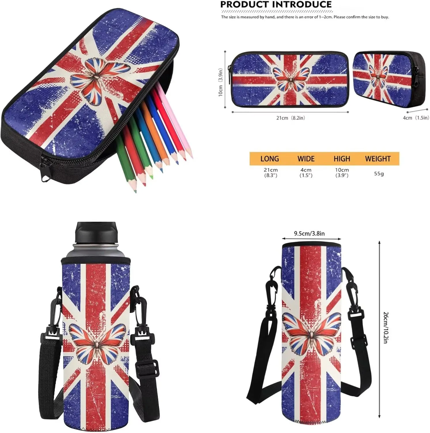 Poceacles Boys Girls Backpack Set 4-Piece Kids Teens School Backpack Set with Lunch Box Bag Pencil Case Water Bottle Holder for Elementary Middle School, Butterfly Union Jack
