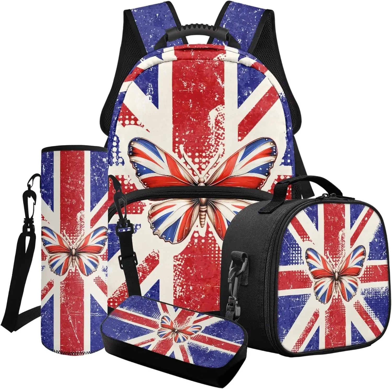 Poceacles Boys Girls Backpack Set 4-Piece Kids Teens School Backpack Set with Lunch Box Bag Pencil Case Water Bottle Holder for Elementary Middle School, Butterfly Union Jack