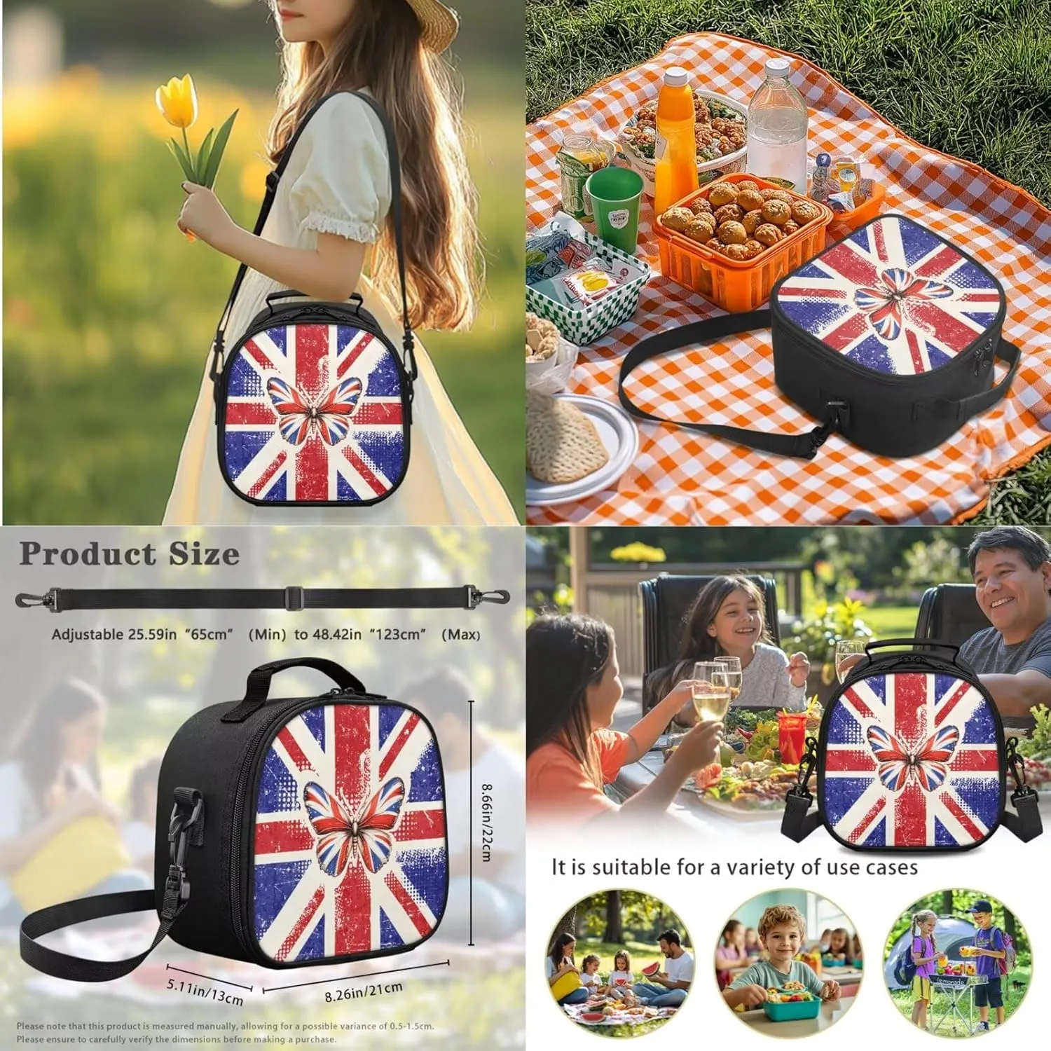 Poceacles Boys Girls Backpack Set 4-Piece Kids Teens School Backpack Set with Lunch Box Bag Pencil Case Water Bottle Holder for Elementary Middle School, Butterfly Union Jack