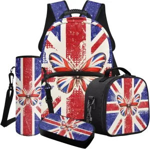 Poceacles Boys Girls Backpack Set 4-Piece Kids Teens School Backpack Set with Lunch Box Bag Pencil Case Water Bottle Holder for Elementary Middle School, Butterfly Union Jack