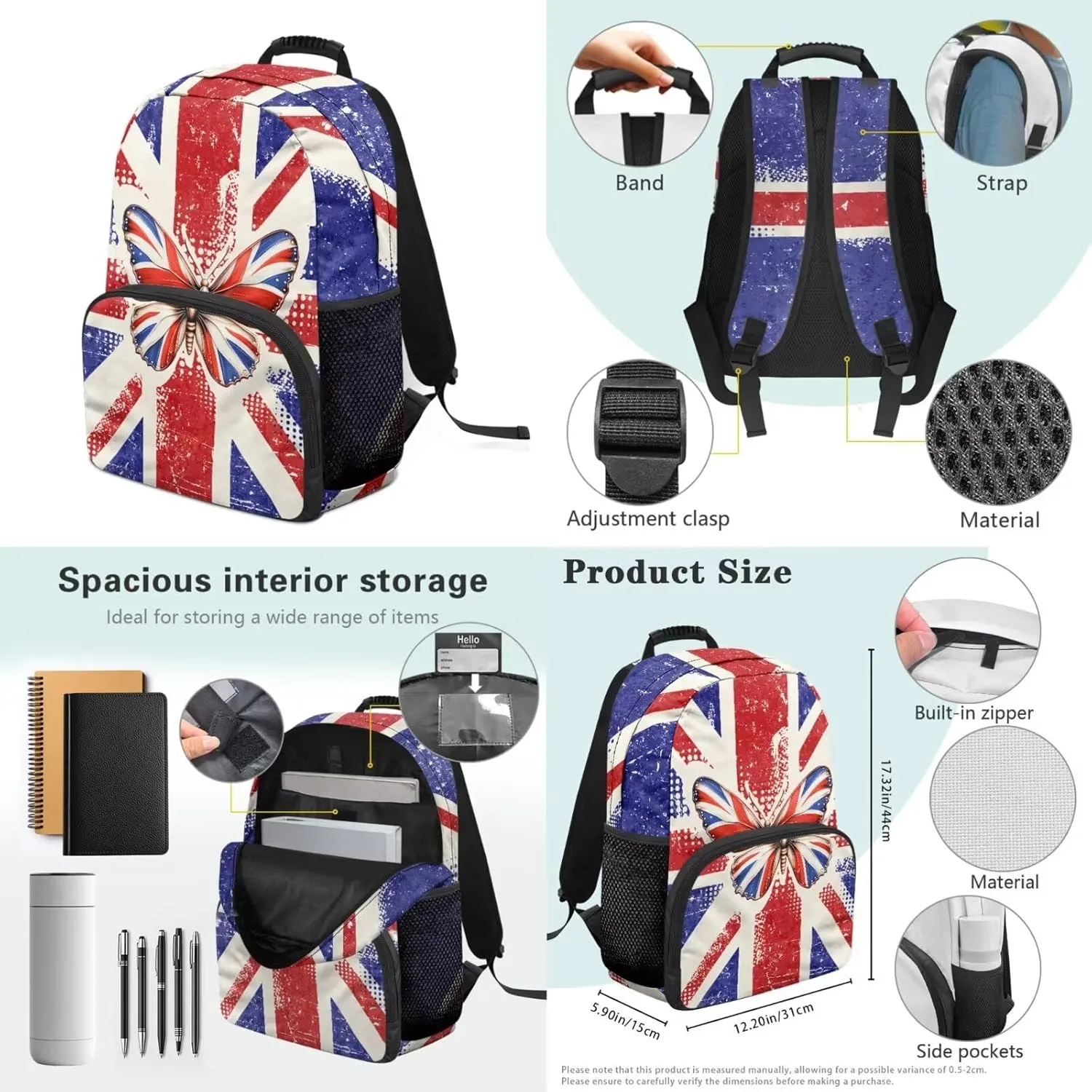 Poceacles Boys Girls Backpack Set 4-Piece Kids Teens School Backpack Set with Lunch Box Bag Pencil Case Water Bottle Holder for Elementary Middle School, Butterfly Union Jack