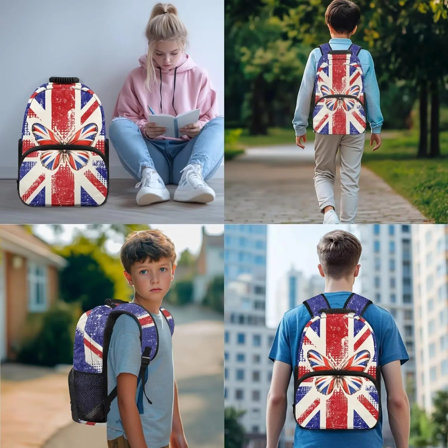 Poceacles Boys Girls Backpack Set 4-Piece Kids Teens School Backpack Set with Lunch Box Bag Pencil Case Water Bottle Holder for Elementary Middle School, Butterfly Union Jack
