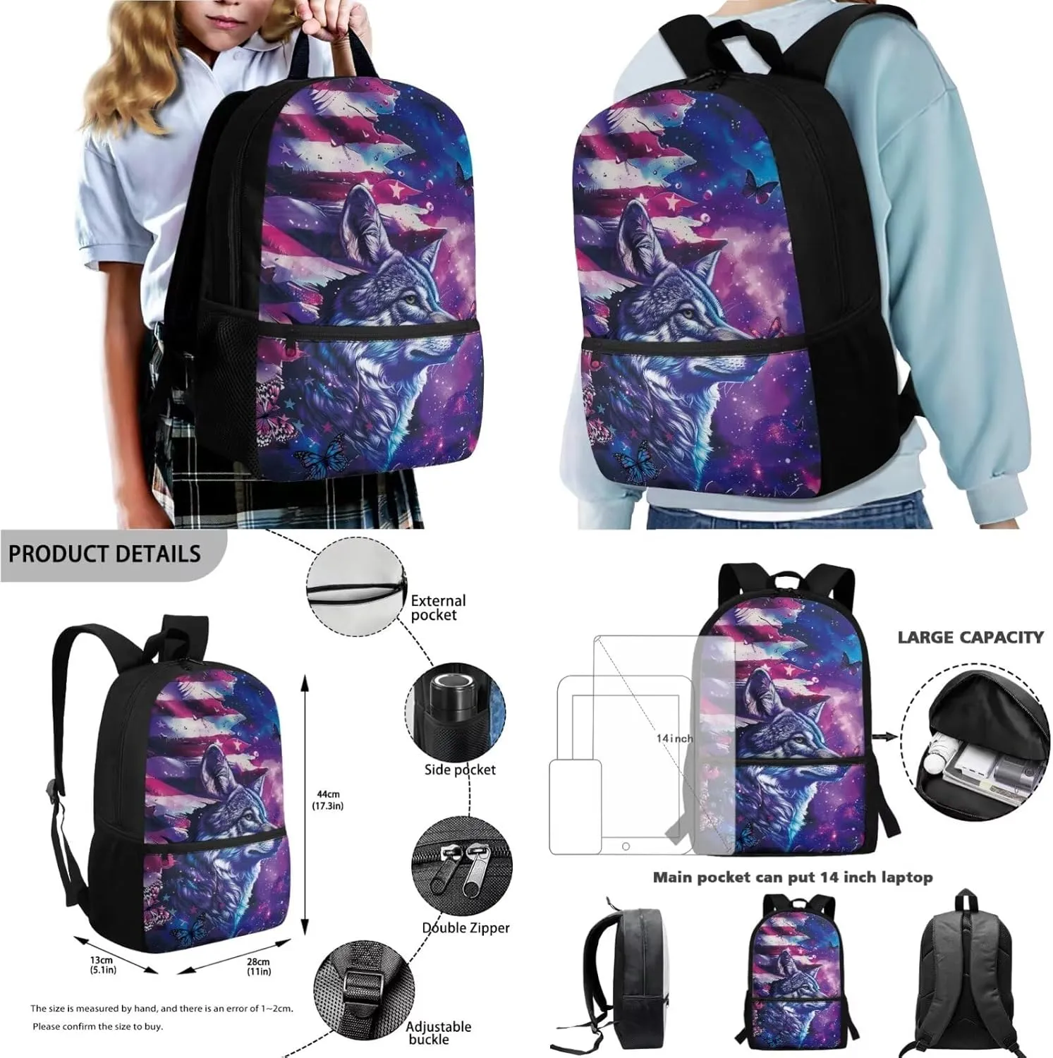 Poceacles Childrens Backpack Set, 4 in 1 Book Bag Set with Lightweight Rucksack Insulated Lunch Bag Water Bottle Sleeve Pencil Case Stationery School Supplies, American Flag Wolf Butterfly Galaxy