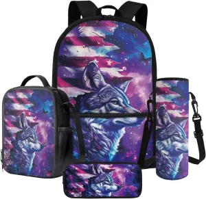 Poceacles Childrens Backpack Set, 4 in 1 Book Bag Set with Lightweight Rucksack Insulated Lunch Bag Water Bottle Sleeve Pencil Case Stationery School Supplies, American Flag Wolf Butterfly Galaxy