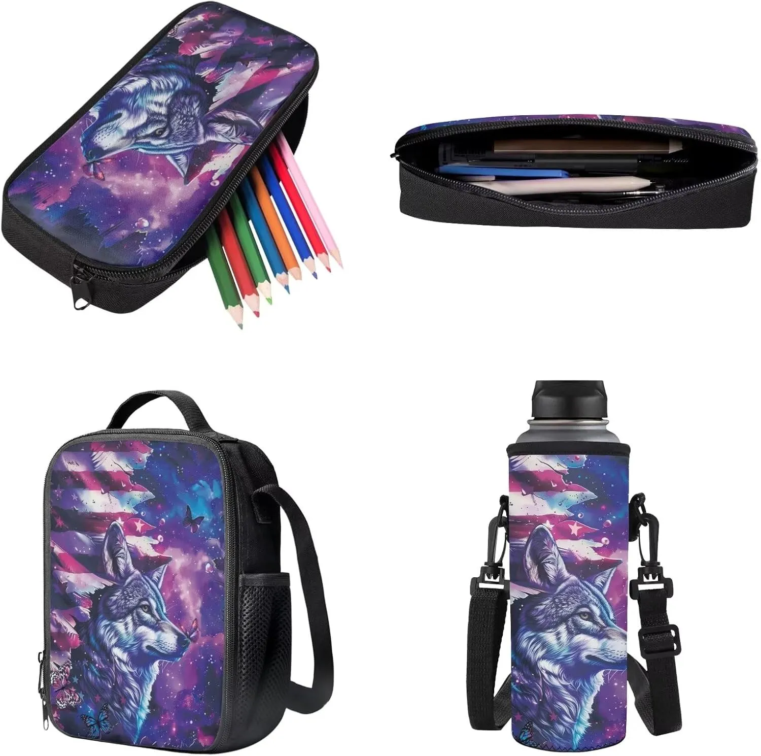 Poceacles Childrens Backpack Set, 4 in 1 Book Bag Set with Lightweight Rucksack Insulated Lunch Bag Water Bottle Sleeve Pencil Case Stationery School Supplies, American Flag Wolf Butterfly Galaxy