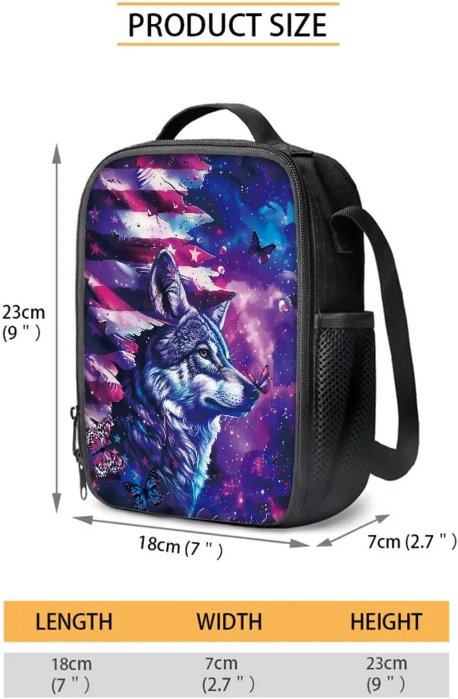 Poceacles Childrens Backpack Set, 4 in 1 Book Bag Set with Lightweight Rucksack Insulated Lunch Bag Water Bottle Sleeve Pencil Case Stationery School Supplies, American Flag Wolf Butterfly Galaxy