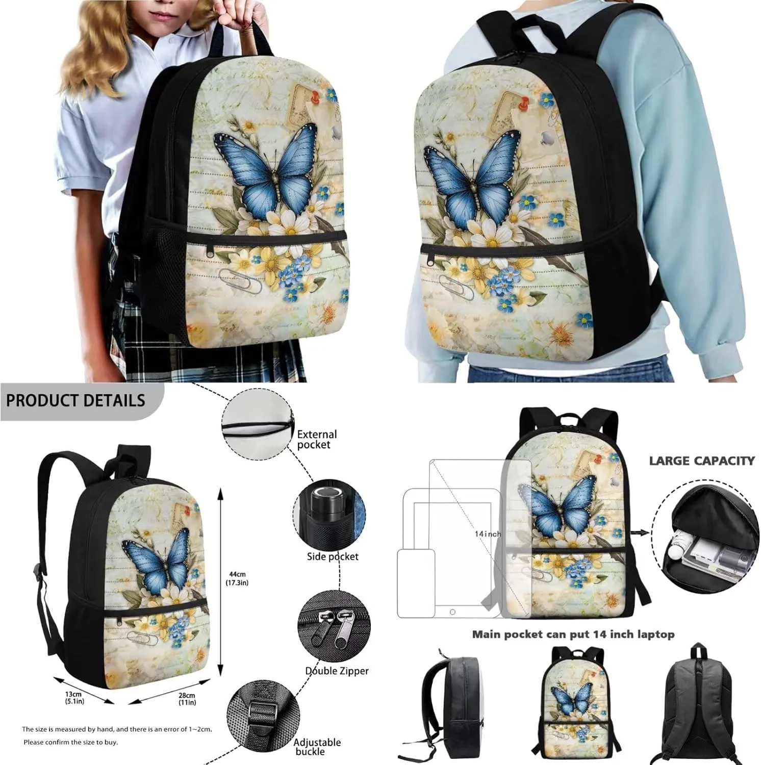 Poceacles Children’s School Backpack Set of 4 Contains Backpack Lunch Box Bag Pencil Case Water Bottle Carrier with Adjustable Straps for Primary Junior Middle School, Butterfly Daisy Postcard Print