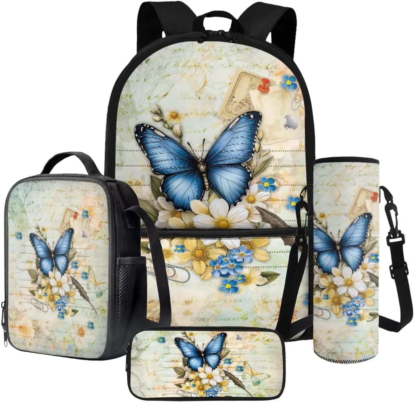 Poceacles Children’s School Backpack Set of 4 Contains Backpack Lunch Box Bag Pencil Case Water Bottle Carrier with Adjustable Straps for Primary Junior Middle School, Butterfly Daisy Postcard Print