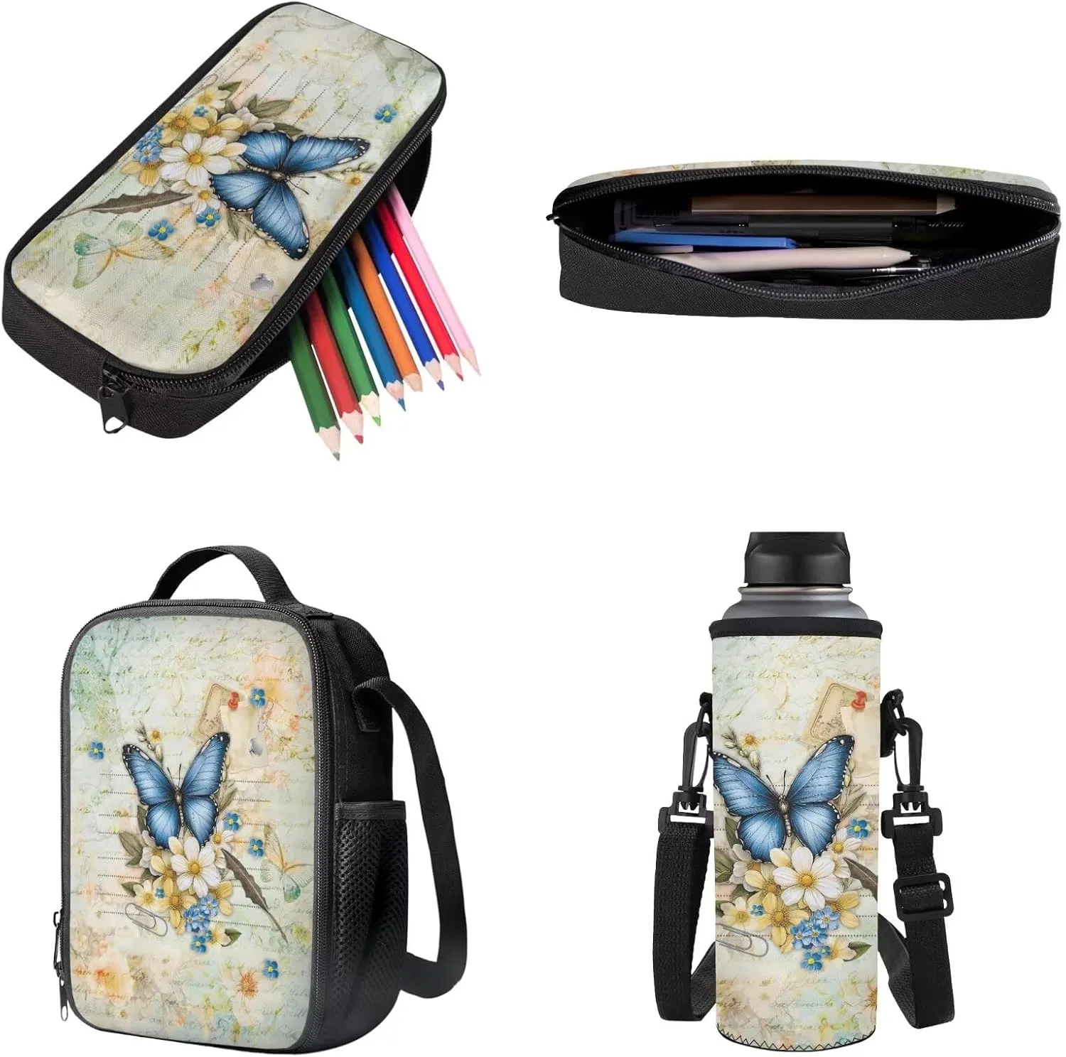 Poceacles Children’s School Backpack Set of 4 Contains Backpack Lunch Box Bag Pencil Case Water Bottle Carrier with Adjustable Straps for Primary Junior Middle School, Butterfly Daisy Postcard Print