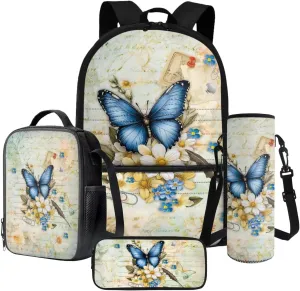 Poceacles Children’s School Backpack Set of 4 Contains Backpack Lunch Box Bag Pencil Case Water Bottle Carrier with Adjustable Straps for Primary Junior Middle School, Butterfly Daisy Postcard Print