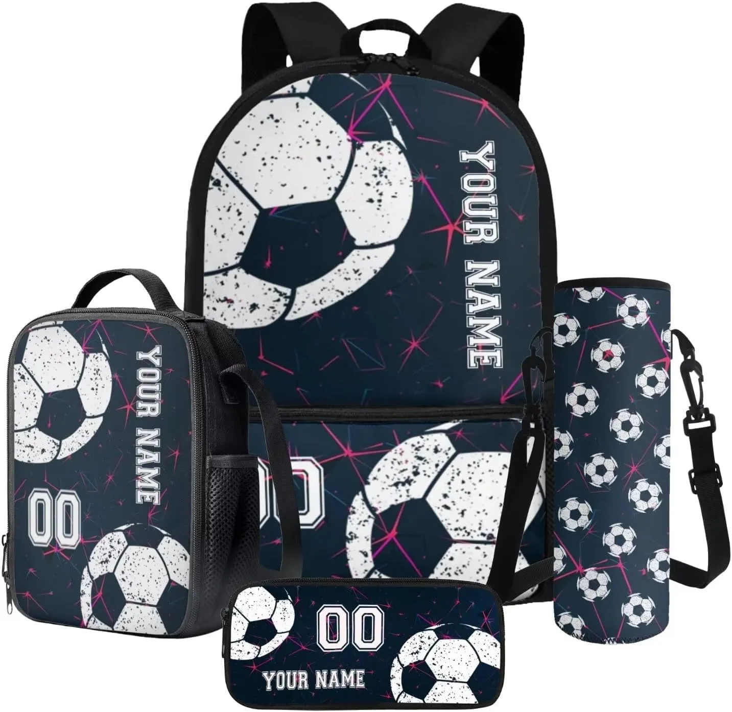 Poceacles Custom School Backpack Set for Kids 4 Pieces Set with Lunchbag Pencil Case Water Bottle Sleeve with Name and Number, Personalized Rucksack, Abstract Geometric Football Soccer