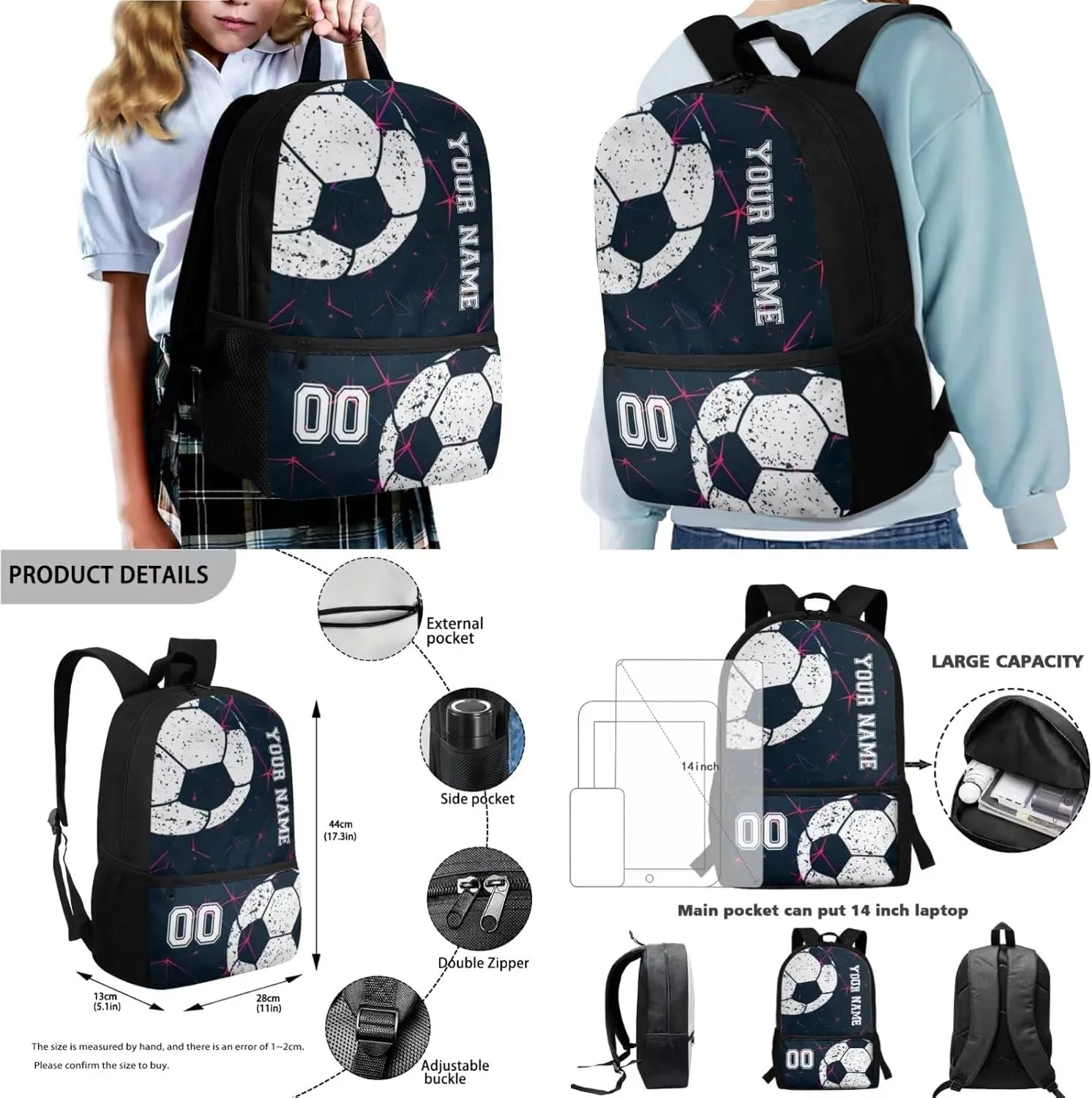 Poceacles Custom School Backpack Set for Kids 4 Pieces Set with Lunchbag Pencil Case Water Bottle Sleeve with Name and Number, Personalized Rucksack, Abstract Geometric Football Soccer