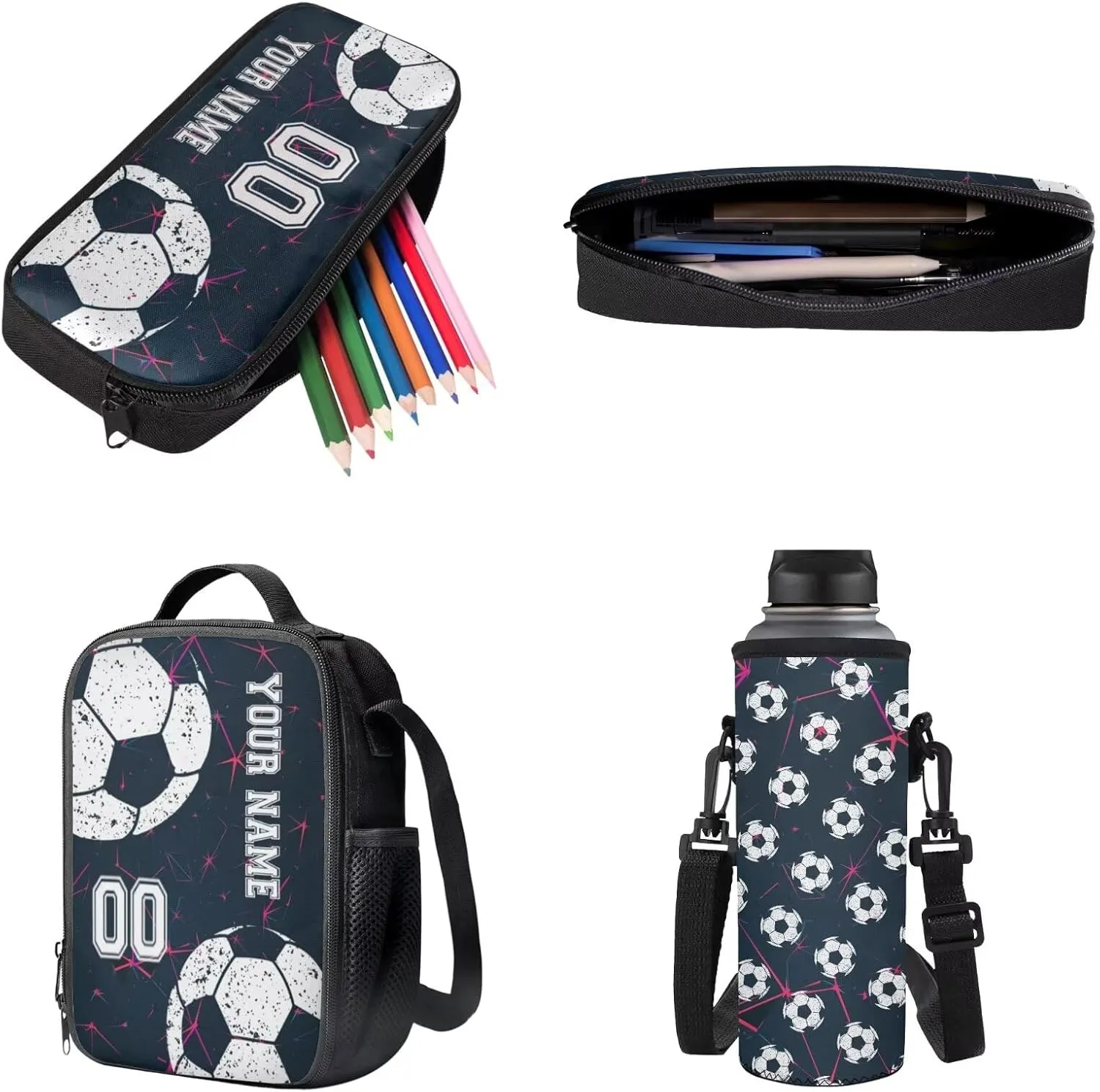 Poceacles Custom School Backpack Set for Kids 4 Pieces Set with Lunchbag Pencil Case Water Bottle Sleeve with Name and Number, Personalized Rucksack, Abstract Geometric Football Soccer