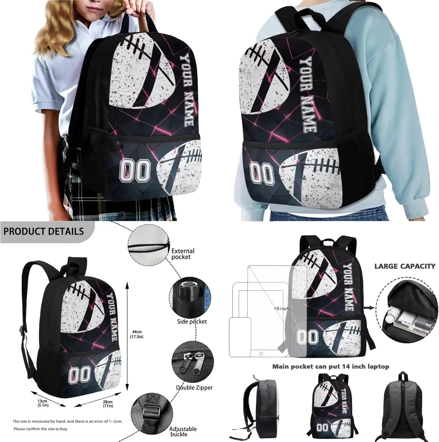 Poceacles Customized School Bag Set, 4 Pieces with Pencil Case, Large Capacity Backpack, Lunch Bag, Bottle Carrier, Kids Rucksack Athletic Daypack, Abstract Geometric Pink Black American Football