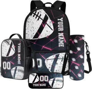 Poceacles Customized School Bag Set, 4 Pieces with Pencil Case, Large Capacity Backpack, Lunch Bag, Bottle Carrier, Kids Rucksack Athletic Daypack, Abstract Geometric Pink Black American Football