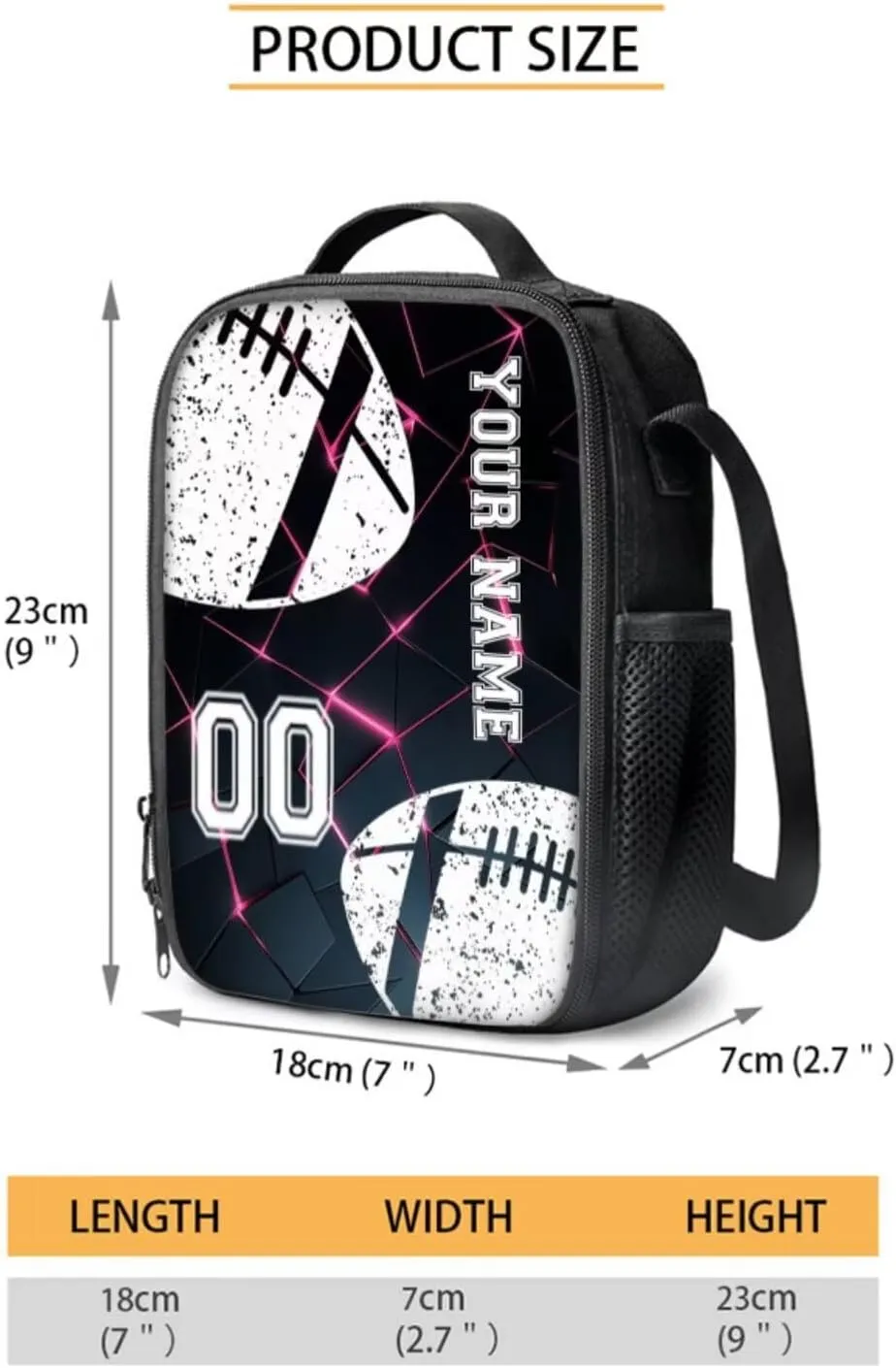Poceacles Customized School Bag Set, 4 Pieces with Pencil Case, Large Capacity Backpack, Lunch Bag, Bottle Carrier, Kids Rucksack Athletic Daypack, Abstract Geometric Pink Black American Football
