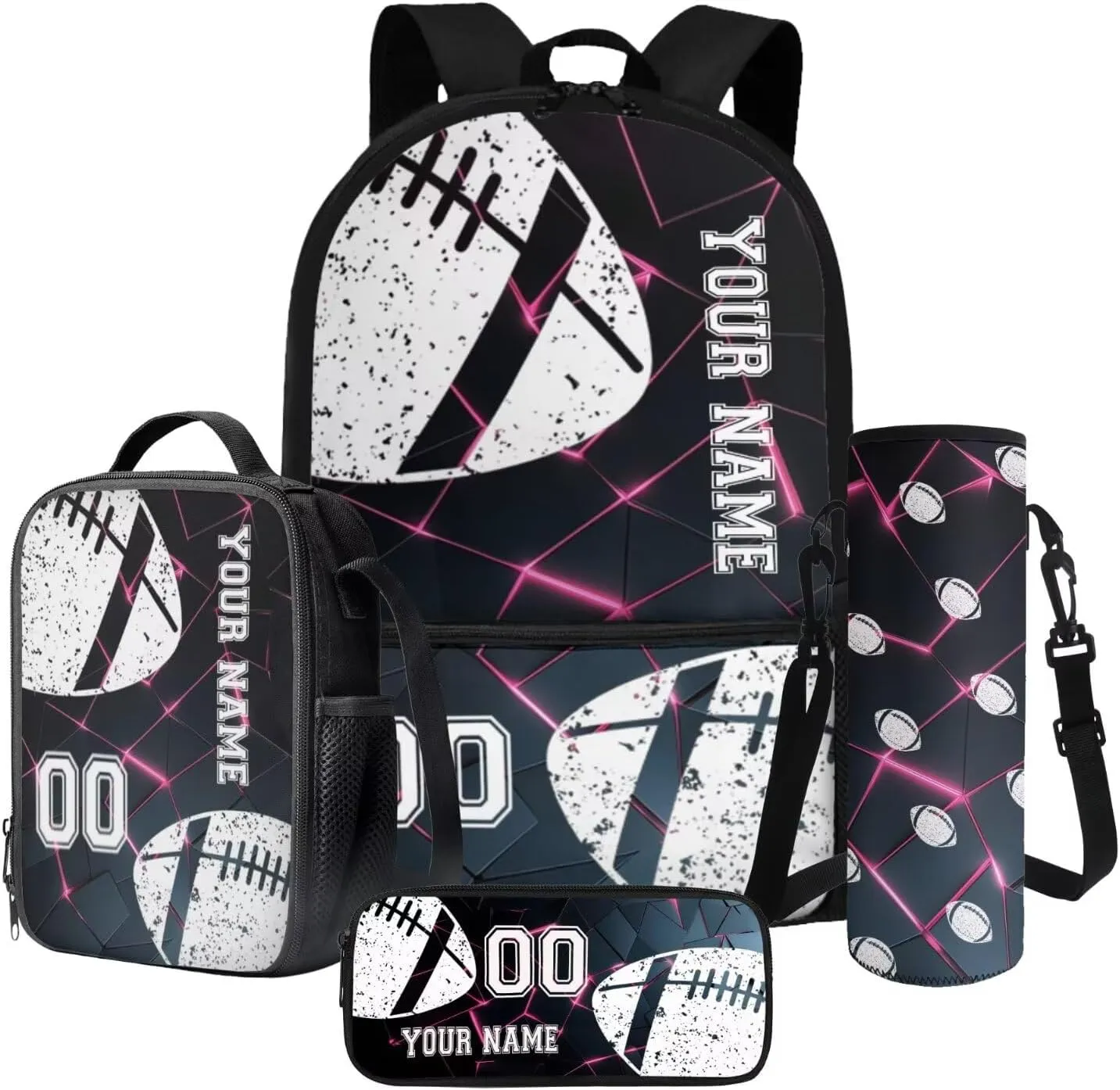 Poceacles Customized School Bag Set, 4 Pieces with Pencil Case, Large Capacity Backpack, Lunch Bag, Bottle Carrier, Kids Rucksack Athletic Daypack, Abstract Geometric Pink Black American Football
