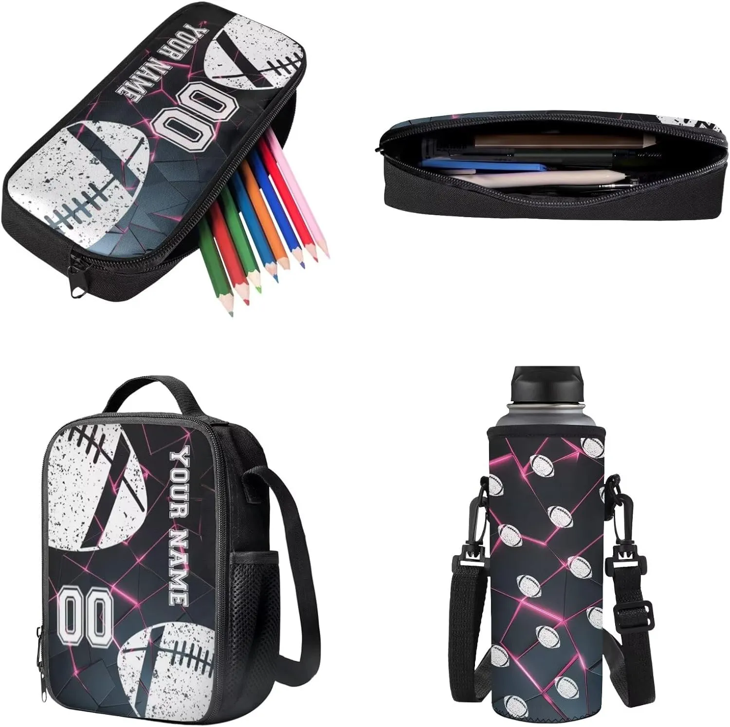 Poceacles Customized School Bag Set, 4 Pieces with Pencil Case, Large Capacity Backpack, Lunch Bag, Bottle Carrier, Kids Rucksack Athletic Daypack, Abstract Geometric Pink Black American Football