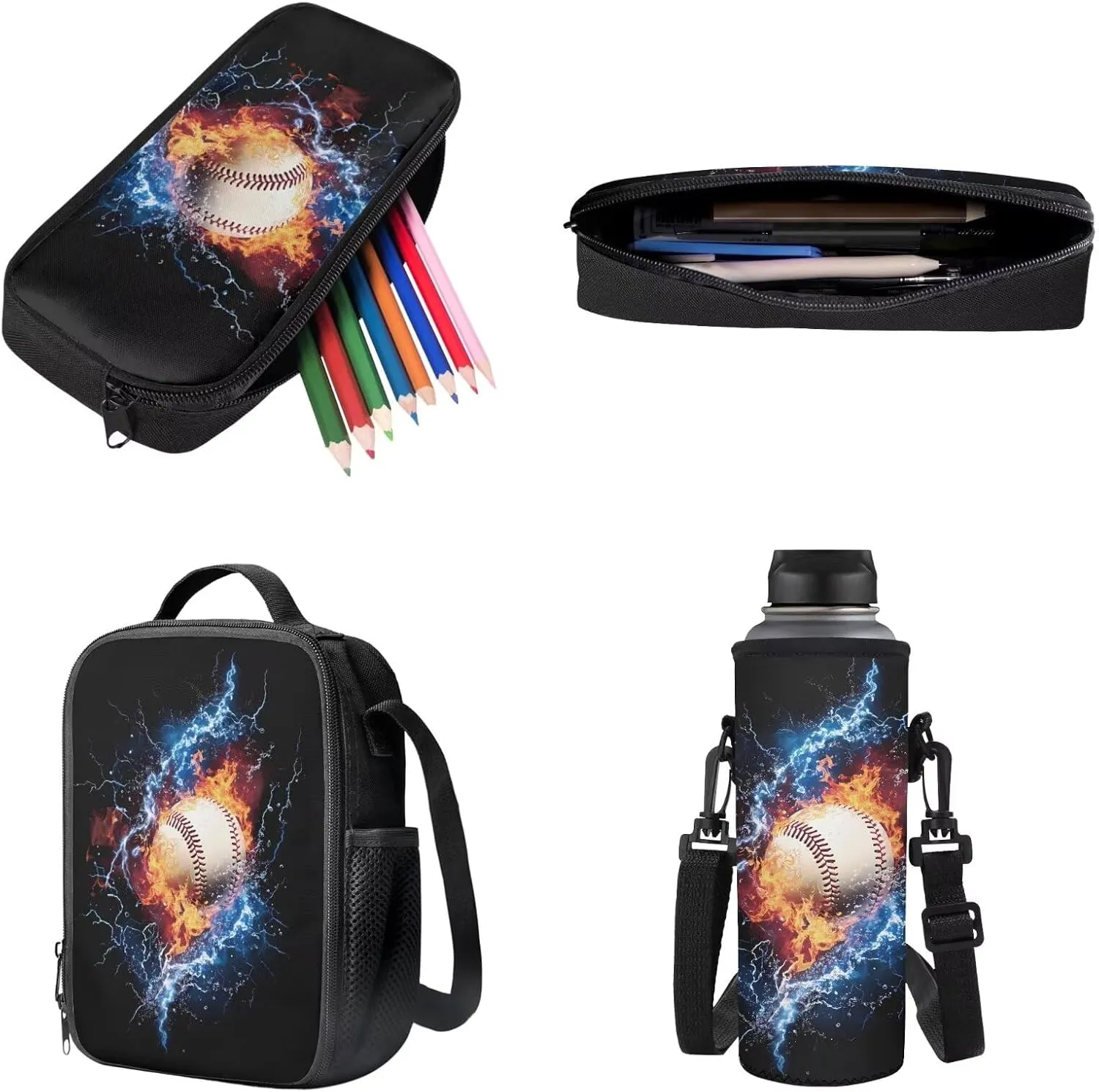 Poceacles Kids Backpack Set 4 Pieces Boys Girls Schoolbag Lunch Box Bag Stationery Pencil Case Bottle Sleeves, Comfortable Lightweight Rucksack School Accessories, Baseball Lightning Fire