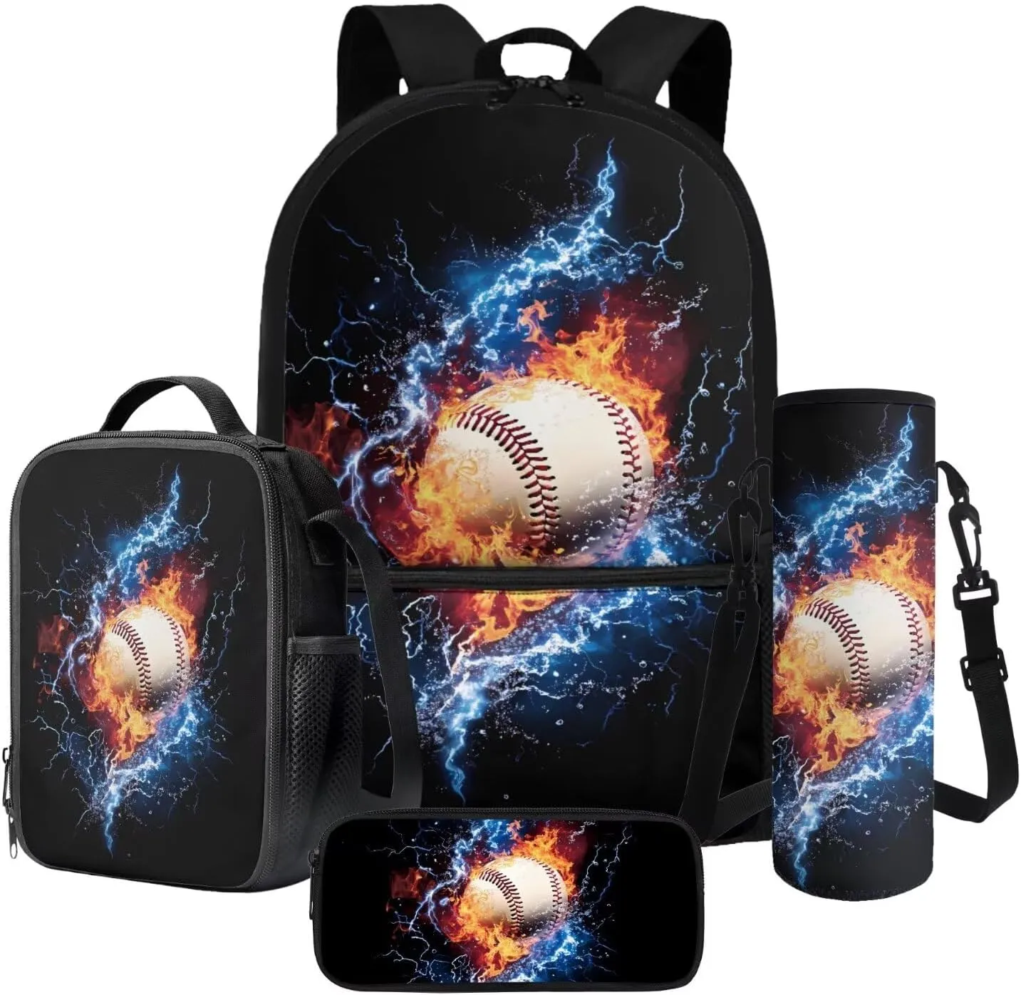 Poceacles Kids Backpack Set 4 Pieces Boys Girls Schoolbag Lunch Box Bag Stationery Pencil Case Bottle Sleeves, Comfortable Lightweight Rucksack School Accessories, Baseball Lightning Fire