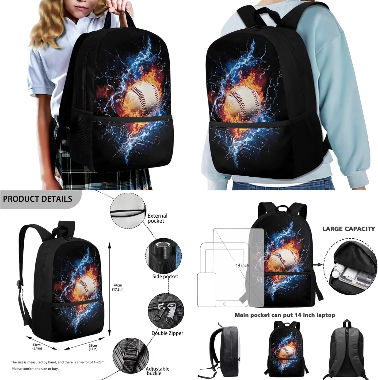 Poceacles Kids Backpack Set 4 Pieces Boys Girls Schoolbag Lunch Box Bag Stationery Pencil Case Bottle Sleeves, Comfortable Lightweight Rucksack School Accessories, Baseball Lightning Fire