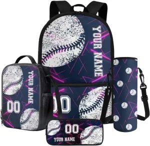 Poceacles Kids Backpack Set for Boys Girls, Personalized Name and Number 4 PCS Teenager School Bag Sets with Lunch Bag Pencil Case Bottle Pouch, School Essentials, Abstract Geometric Violet Baseball
