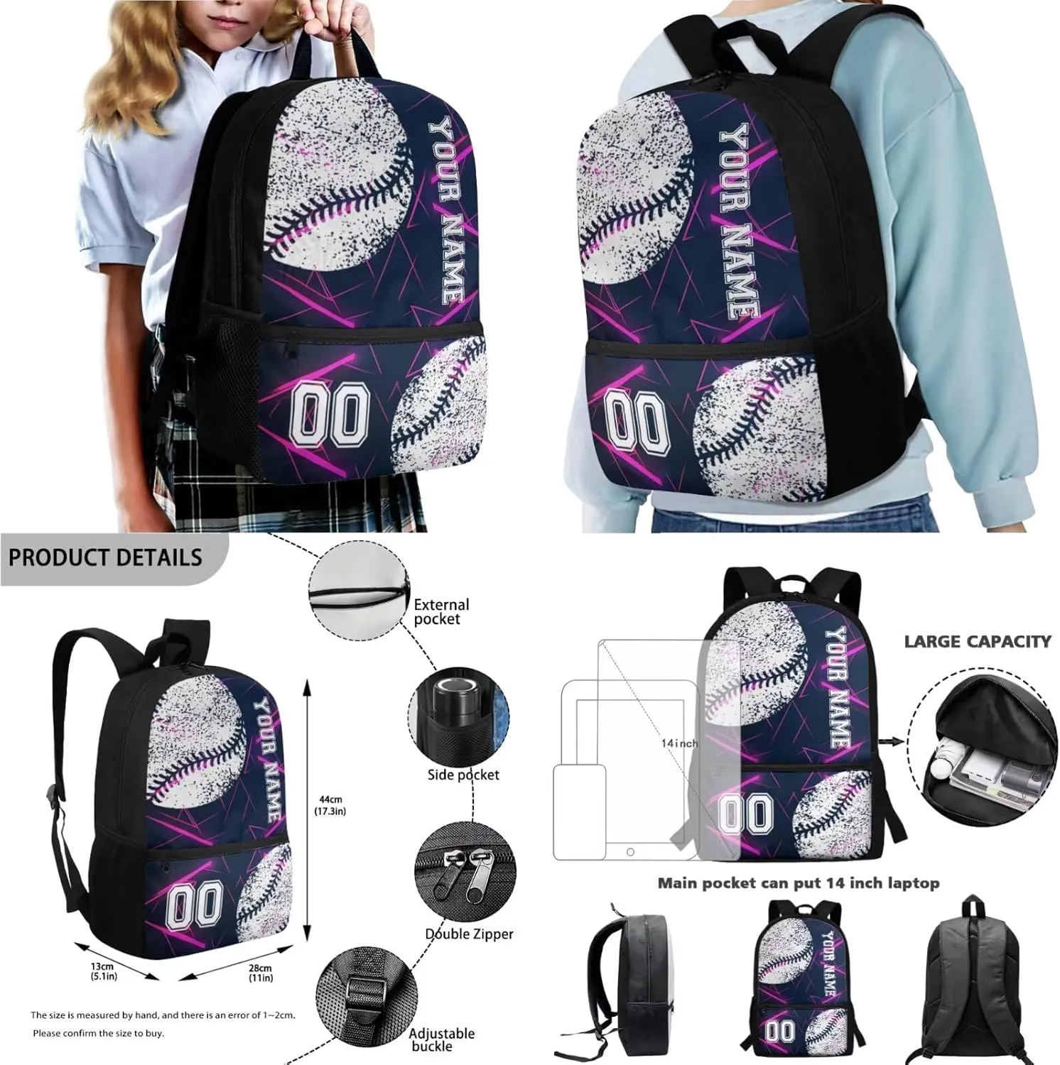 Poceacles Kids Backpack Set for Boys Girls, Personalized Name and Number 4 PCS Teenager School Bag Sets with Lunch Bag Pencil Case Bottle Pouch, School Essentials, Abstract Geometric Violet Baseball