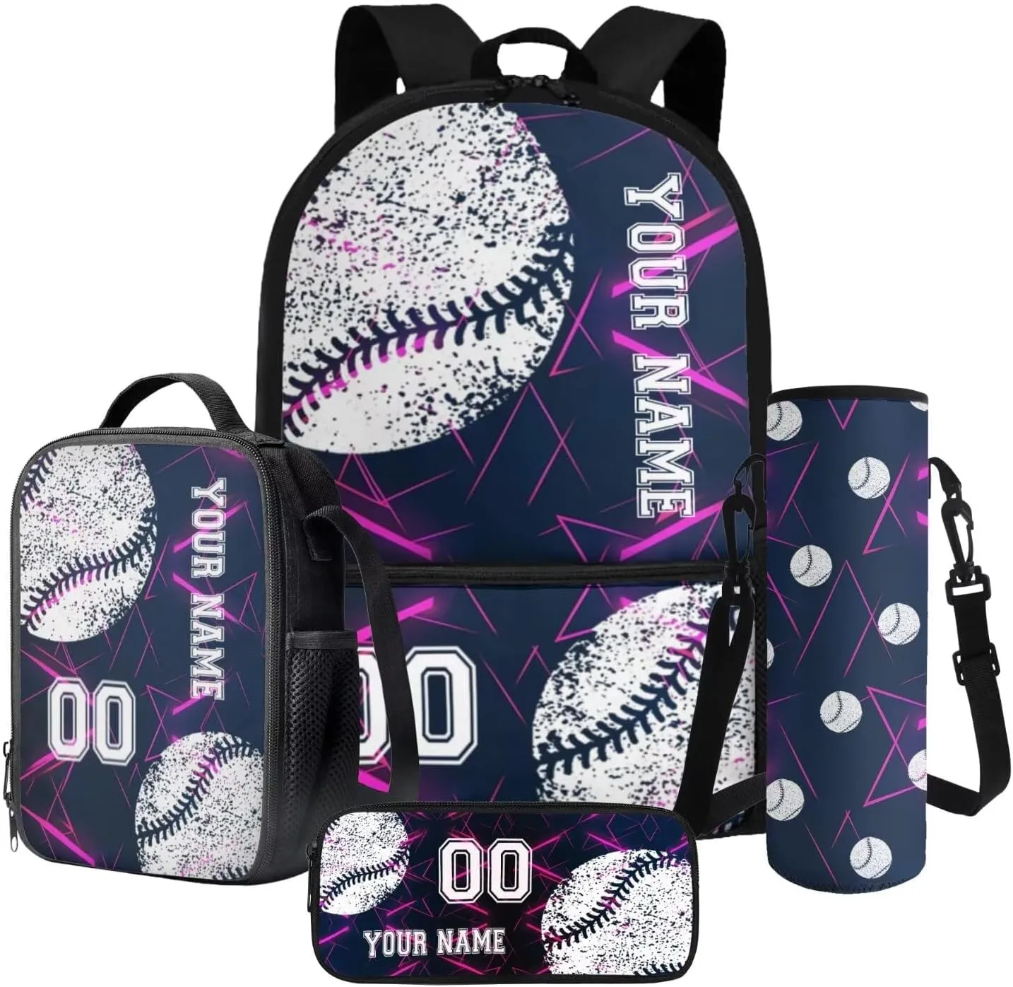 Poceacles Kids Backpack Set for Boys Girls, Personalized Name and Number 4 PCS Teenager School Bag Sets with Lunch Bag Pencil Case Bottle Pouch, School Essentials, Abstract Geometric Violet Baseball