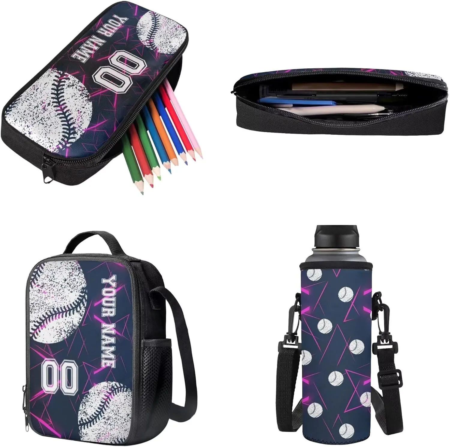 Poceacles Kids Backpack Set for Boys Girls, Personalized Name and Number 4 PCS Teenager School Bag Sets with Lunch Bag Pencil Case Bottle Pouch, School Essentials, Abstract Geometric Violet Baseball