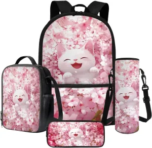Poceacles Kids Backpack Set for School, Includes Schoolbag with Front Pocket, Insulated Lunch Bag, Pencil Case, Water Bottle Holder School Supplies for Girls Boys, Kawaii Cat Cherry Blossom