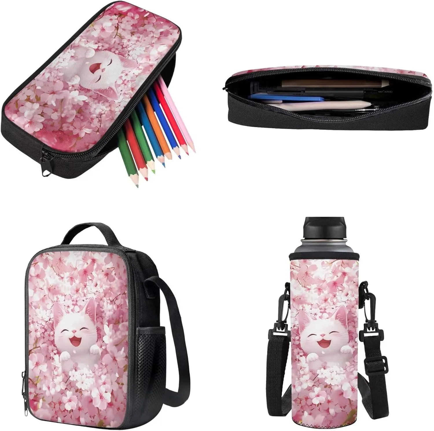 Poceacles Kids Backpack Set for School, Includes Schoolbag with Front Pocket, Insulated Lunch Bag, Pencil Case, Water Bottle Holder School Supplies for Girls Boys, Kawaii Cat Cherry Blossom