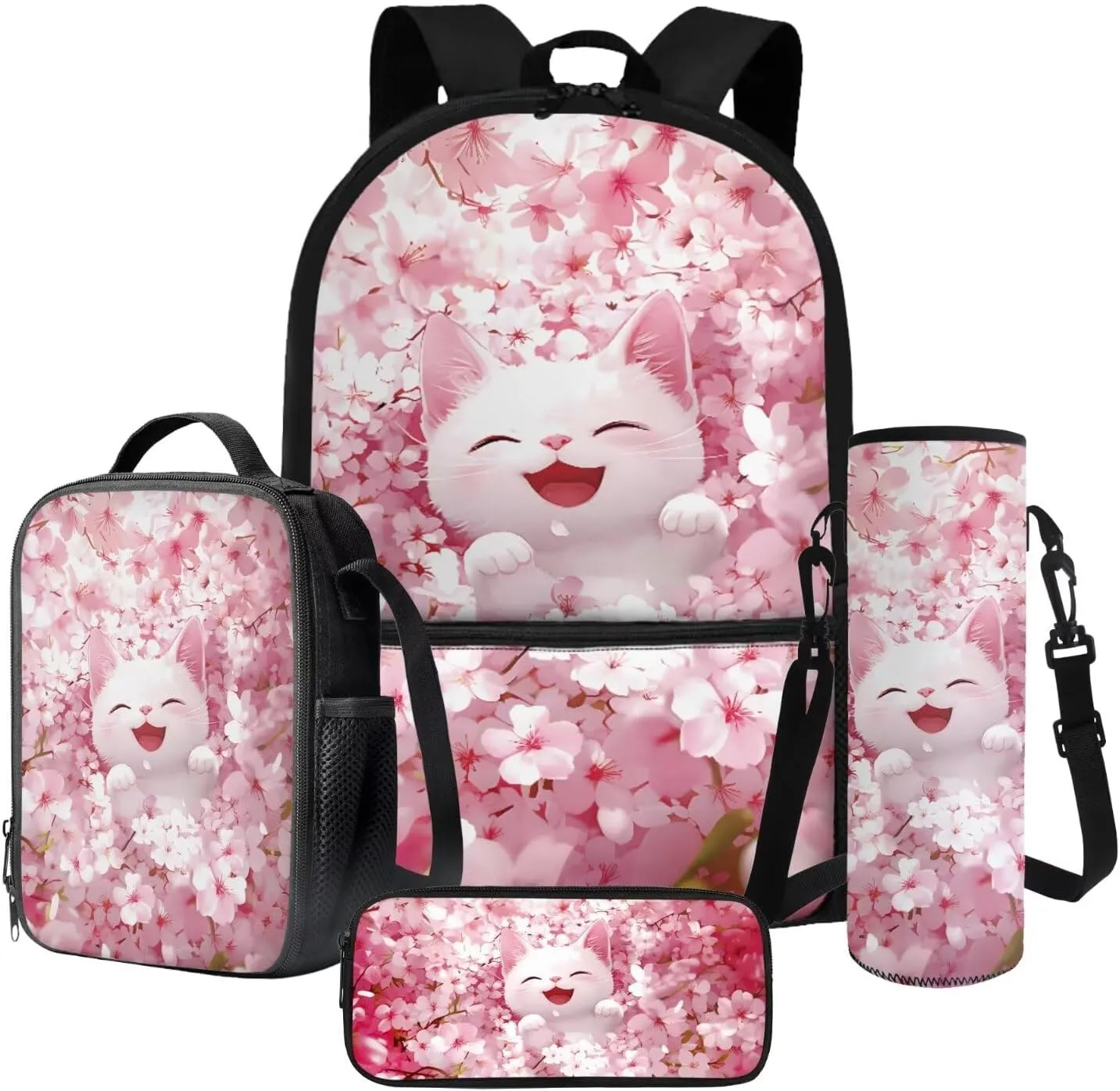 Poceacles Kids Backpack Set for School, Includes Schoolbag with Front Pocket, Insulated Lunch Bag, Pencil Case, Water Bottle Holder School Supplies for Girls Boys, Kawaii Cat Cherry Blossom