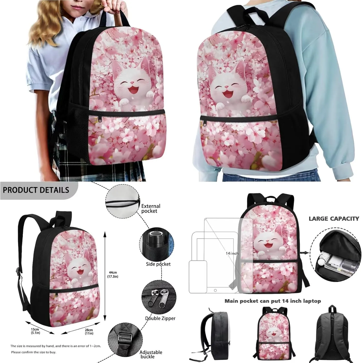 Poceacles Kids Backpack Set for School, Includes Schoolbag with Front Pocket, Insulated Lunch Bag, Pencil Case, Water Bottle Holder School Supplies for Girls Boys, Kawaii Cat Cherry Blossom