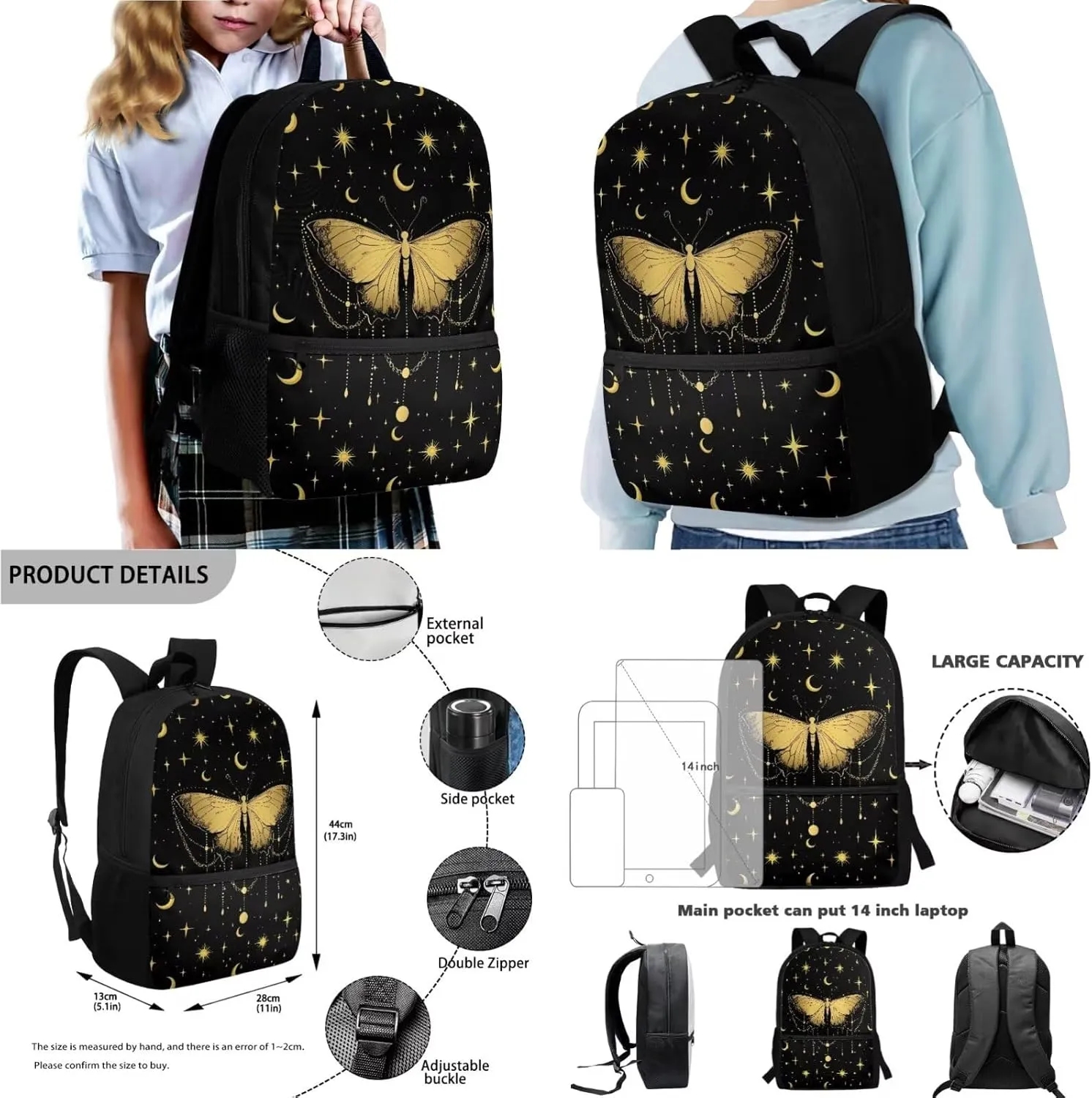 Poceacles Kids Backpack Set for School Travel, 4-Piece Sets Including Lightweight Rucksack, Lunch Bag, Pencil Case, Bottle Bag, for Students Teenagers Adults, Butterfly Moon Star