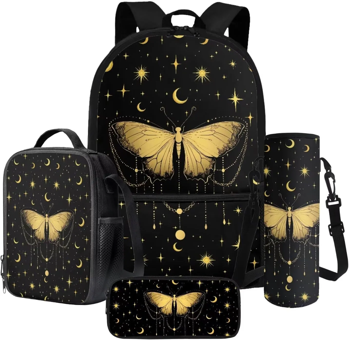 Poceacles Kids Backpack Set for School Travel, 4-Piece Sets Including Lightweight Rucksack, Lunch Bag, Pencil Case, Bottle Bag, for Students Teenagers Adults, Butterfly Moon Star