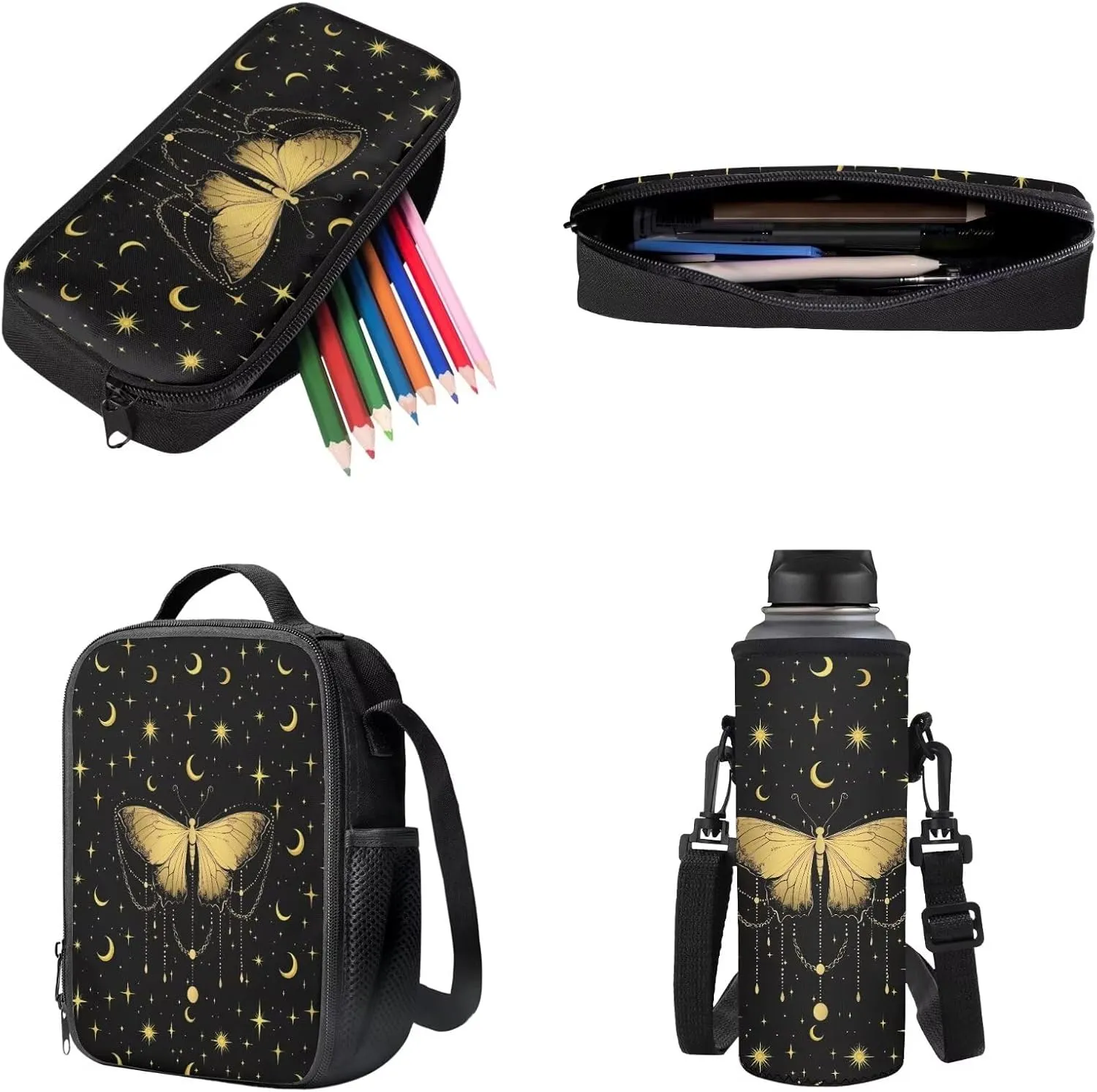 Poceacles Kids Backpack Set for School Travel, 4-Piece Sets Including Lightweight Rucksack, Lunch Bag, Pencil Case, Bottle Bag, for Students Teenagers Adults, Butterfly Moon Star